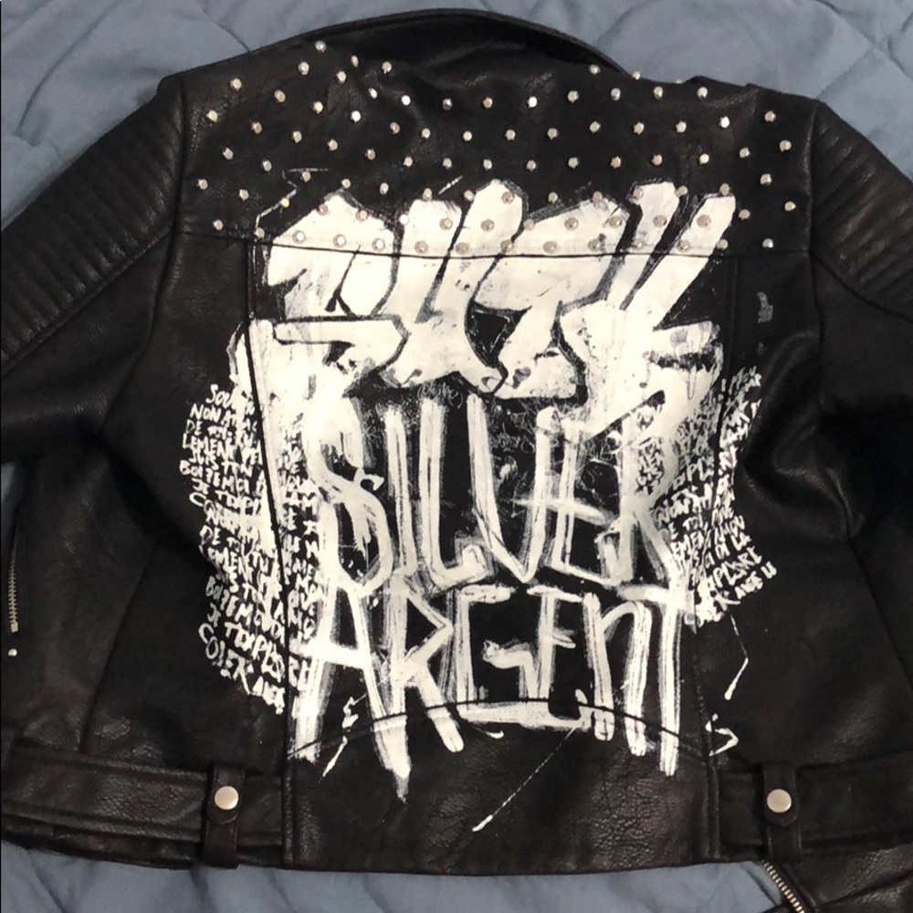 Zara vegan leather jacket with studs and graffiti